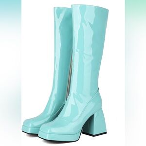 Women’s Go Go Boots 70s Platform Square Toe Teal
